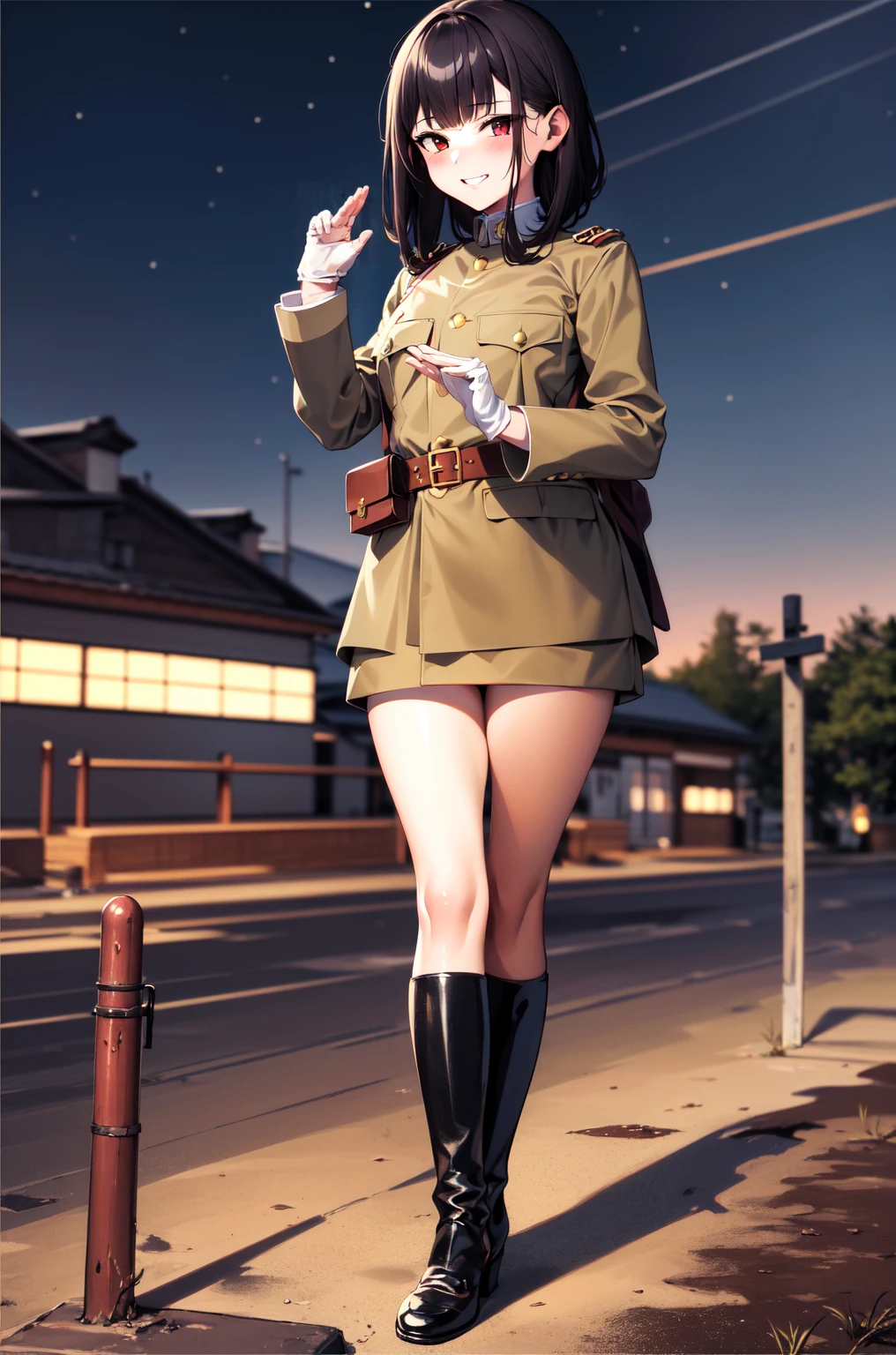 masterpiece, Highest quality, Absurd, High resolution, Very detailed, One Girl, alone, Cowboy Shot, ((IJA Taisho, Khaki uniform, Combatant,Golden Sling,General Positions, 左chestにメダル,)),Black long boots,medium chest,  chest,  Tight waist,  Black Hair,  Blunt bangs, Red eyes, Conceit,Wicked Smile,  White gloves, holster, Leather Belt Pouch, countryside, combustion, Night Sky, battlefield, crater,chestをはだけさせる、Attractive face、Expand the vagina with both hands,pussy,(fellatio gesture),In the mountains,Shaved pussy