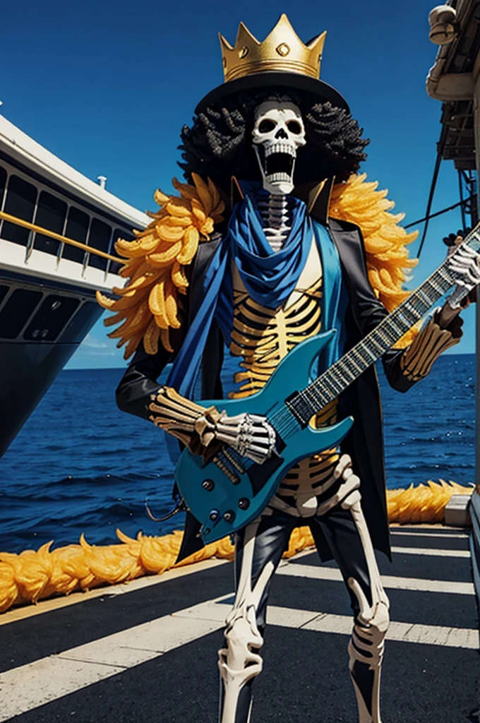 Three-dimensional effect,Standing Full body skeleton,realistic,Crown on head,junbo afro,On a big ship,By the Sea,Blue scarf,Yellow fur,Black coat,Holding a guitar,Glossy body