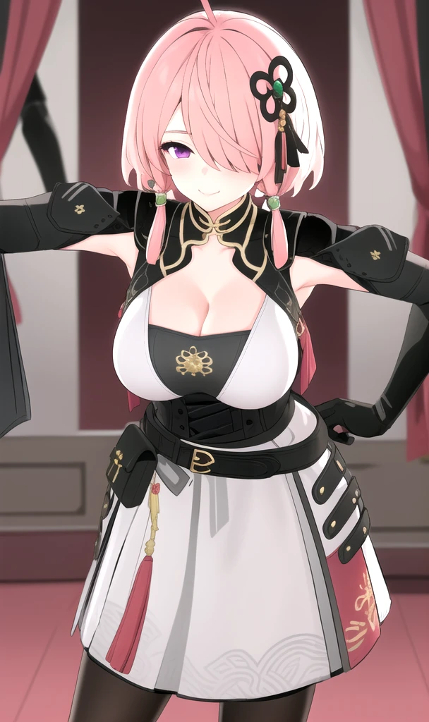 1girl, solo, indoors, blurry background, upper body, portrait, taoqi, jewelry, large breasts, cleavage, smile, ahoge, black pantyhose, medium hair, closed mouth, dress, hair ornament, belt, black gloves, tassel, tranparent skirt, pouch, hair over one eye, short hair with long locks, nude, pussy, arm behind on back, 