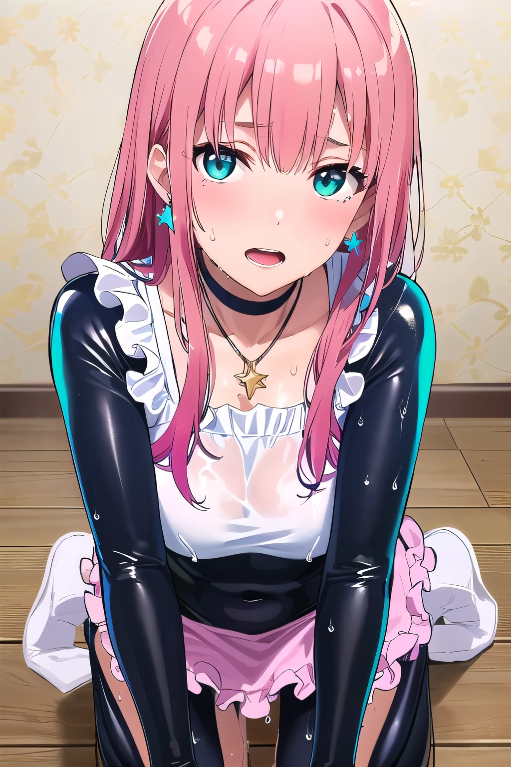 (8K, top-quality, masterpiece:1.2), (reallistic, Photorealsitic:1.37), Super Detail, One girl,), (Highly detailed), (beautifully detailed eyes), (of the highest quality), (super detailed ), (masterpiece), (Detailed face),20yr old, ,1 girl, ((pink hair,long hair)), medium breasts, clothed, Perfect Lighting, BREAK, (shiny neon pink green blue:1.5), (gradient color dress:1.4), (stars hearts glitter pattern:1.3), (glossy wet suit fabric:1.5), (short puffy sleeved bolero:1.2), (sheer lace trimmed camisole:1.2), (frilly sleeves sweetheart neckline blouse:1.3), (mini pleated skirt with apron belt:1.3), (bodycon fit silhouette:1.3), (knee high socks with frills:1.2), (clear platform loafers:1.2), (ribbon choker with charm:1.2), (star earrings heart necklace:1.2), (girly accessories:1.2), BREAK, (high quality:1.5), (upper body to knees:1.3), (long pink hair half up:1.2), (gentle smile:1.2), (slight blush:1.1), (turned head:1.1), (rolled up sleeves:1.2), (touching apron:1.2), (vintage wallpaper background:1.2), (soft natural light:1.2), BREAK (looking at viewer:1.5), (seiza:1.5), (sweat:1.5), (open mouth:1.2),