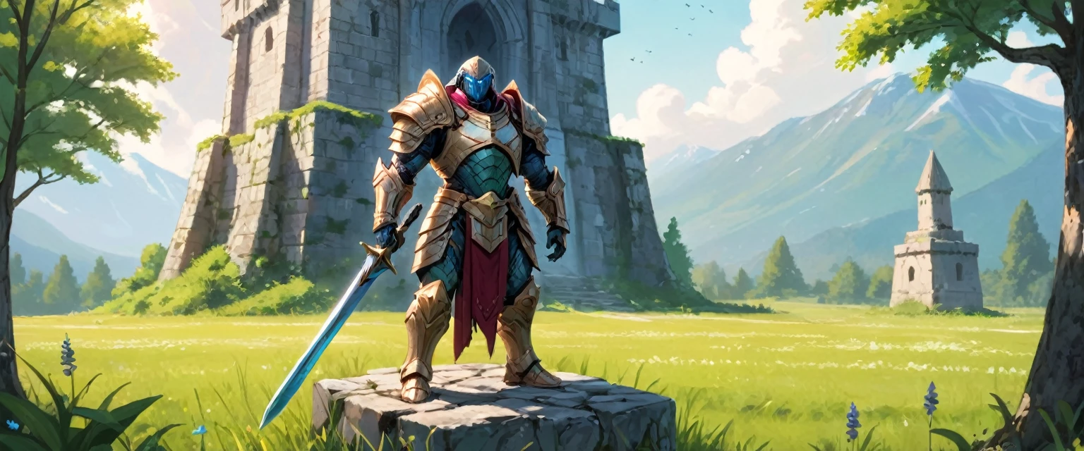 a mutant wearing ancient armor standing by a stone tower in a lush meadow, holding a magic sword