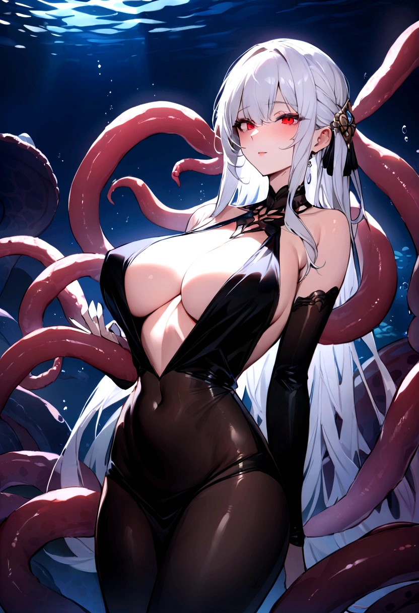 ((masterpiece)), ((best quality)), (Extremely detailed),(Under the Sea),(night),(Marine Life)(A mature woman，elder sister, Solitary),Large Breasts, slim的, slim,Beautiful white hair, Red eyes，There are many tentacles