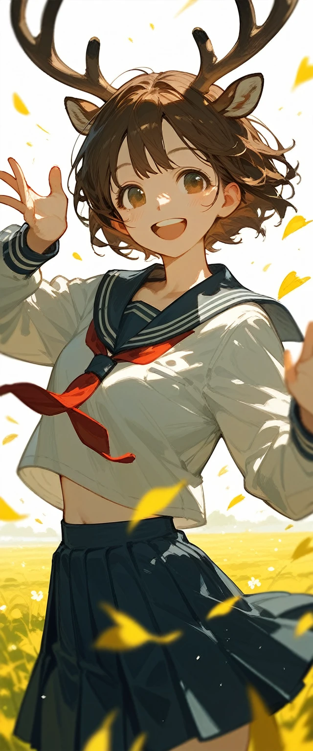 A girl with deer antlers, short brown hair, with sailor uniform, smile happy, in school field with a dynamic pose,anime art
