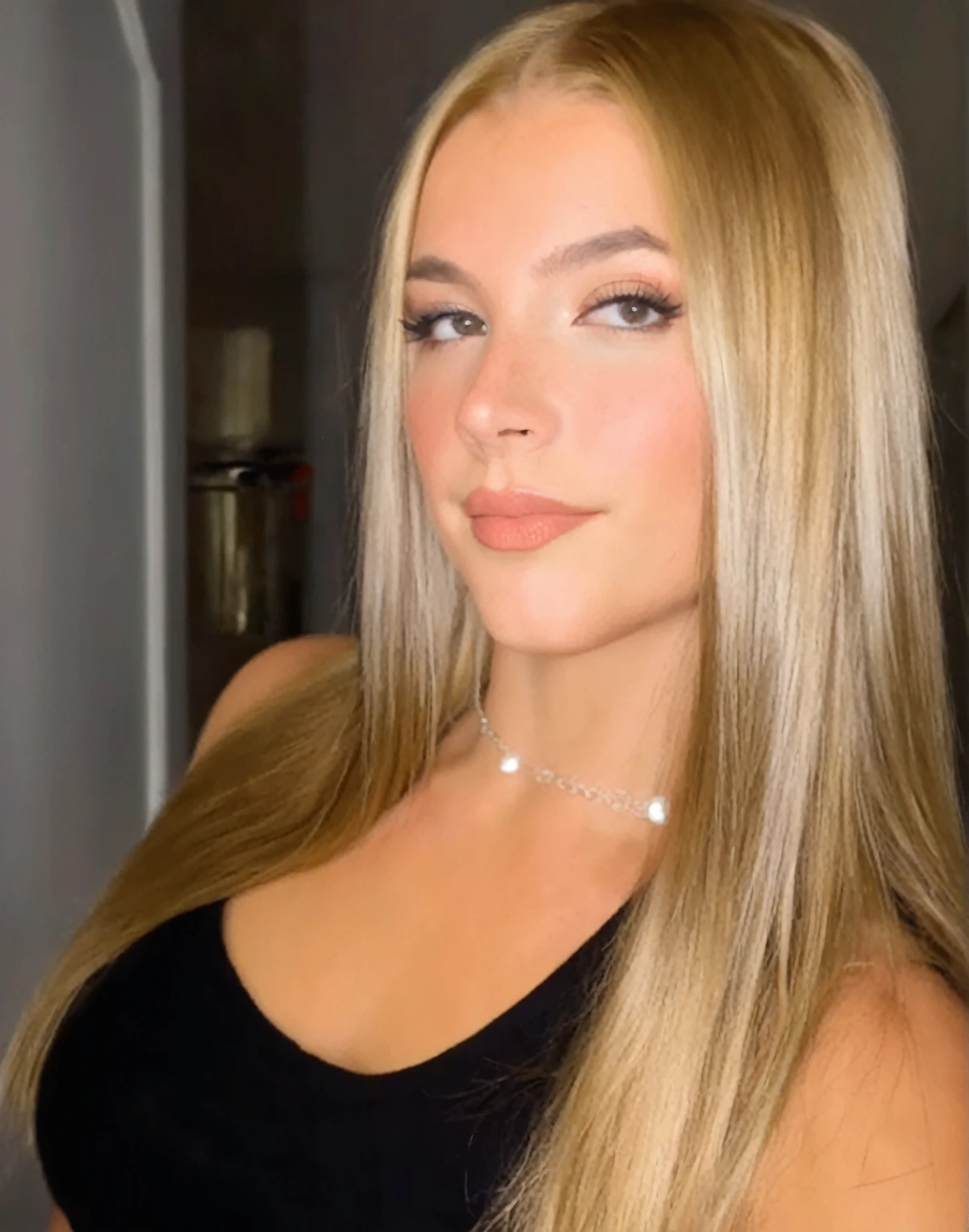 Blonde woman with long hair and a black top posing for a photo, long blonde hair and large eyes, retrato sophie mudd, elegant blonde hair, with long blonde hair, longos blonde hair and large eyes, long straight blonde hair, blonde hair and large eyes, garota sexy with long blonde hair, Anna Nikonova aka Newmilky, a gorgeous blonde