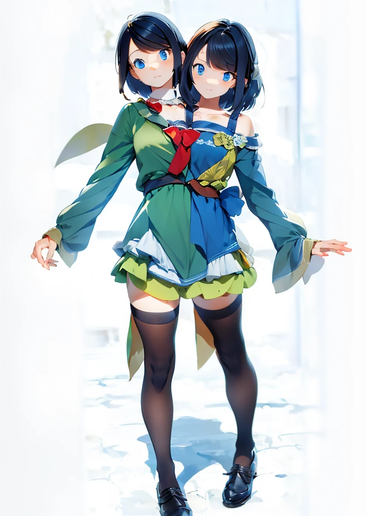 (masterpiece, best quality), best resolution, 2others, couple, 1boy and 1girl with 2heads, (1boy:1.8), swapped heads, headswap, short hair boy, long hair girl, arguing, upset, black hair color, different hair style, male and female conjoinment, beutiful blue eyes