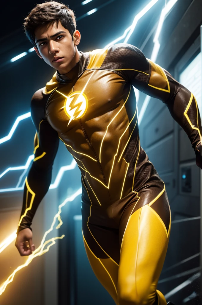 Create an image of a 17-year-old brown boy wearing the Reverse Flash costume from the series