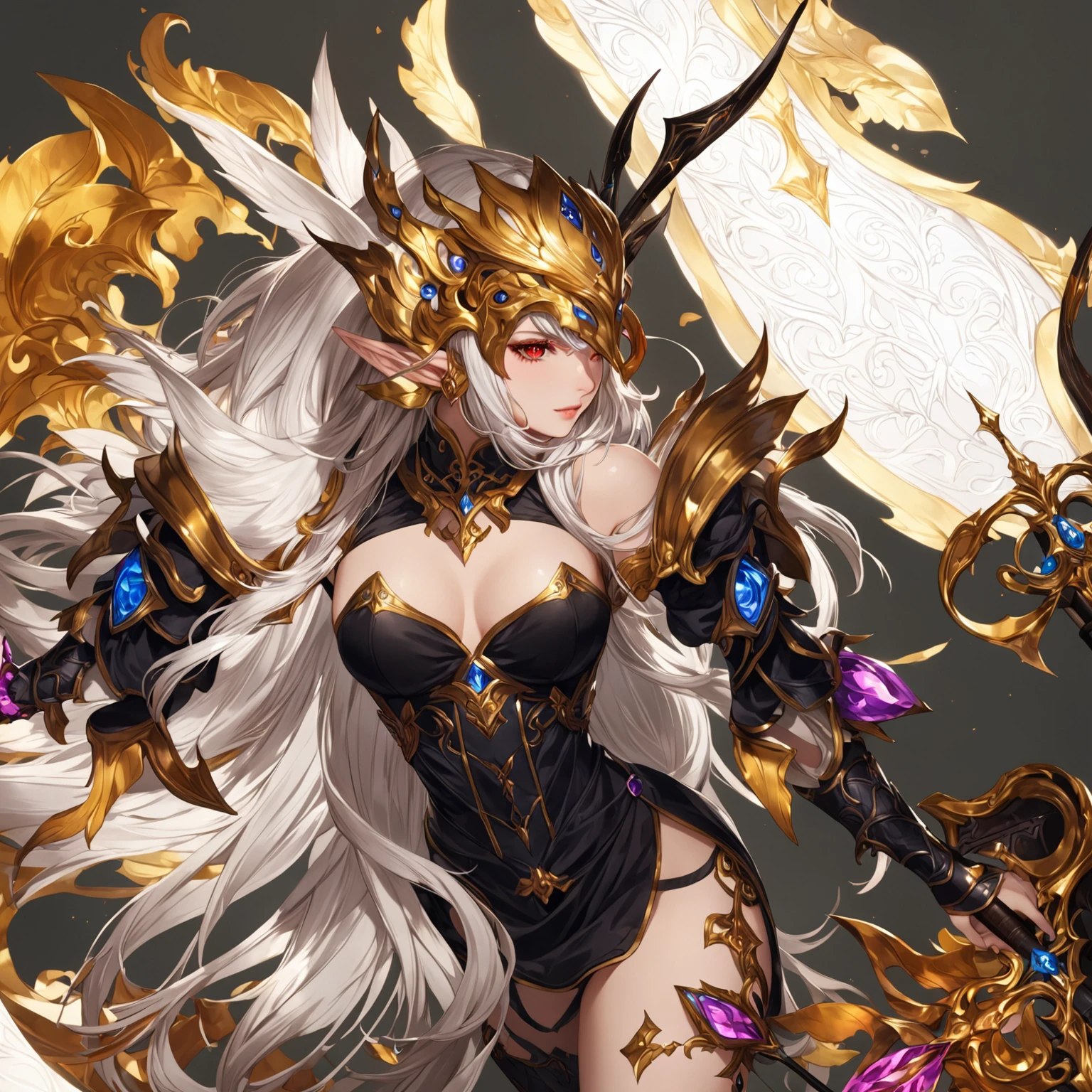 masterpiece, best quality, 1 girl, female focus, solo, Fantasy aesthetics, Highly detailed, shadowverse style. female, elf, silver hair, red eyes, short hair