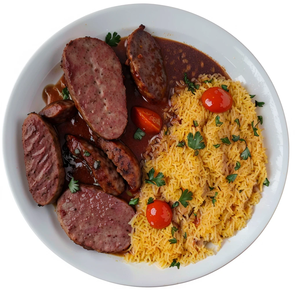 Sausage, brazileiro, luscious, pork, smoky, warm up, sauce, smoky, Plato, Plato de comida com calabresa em pedaços e farinha de mandioca brasileira, photo realist, 4K, Plato real, Plato branco, good quality, HD