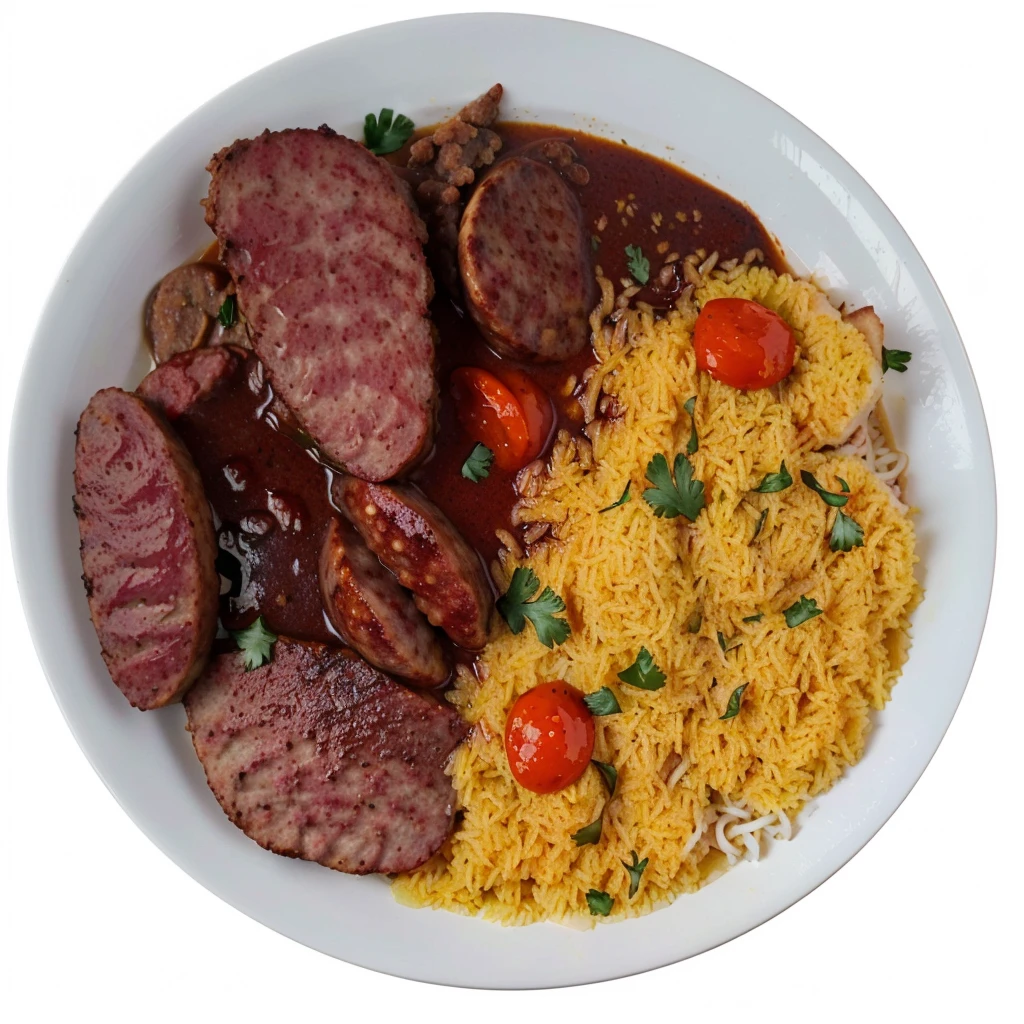 Sausage, brazileiro, luscious, pork, smoky, warm up, sauce, smoky, Plato, Plato de comida com calabresa em pedaços e farinha de mandioca brasileira, photo realist, 4K, Plato real, Plato branco, good quality, HD