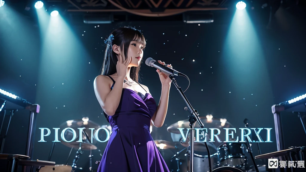 Thumbnail of ballad-focused karaoke distribution。In a calm atmosphere、The background is a simple stage or studio-like design with dim lighting.。In the center there is a microphone stand.、The microphone is illuminated in a dim light.。The surroundings have soft and hazy light effects.。With elegant font「Ballad Karaoke Live」It is modestly written。The colour is deep blue or purple、Silver, etc.、Keep the tone chic and calm。