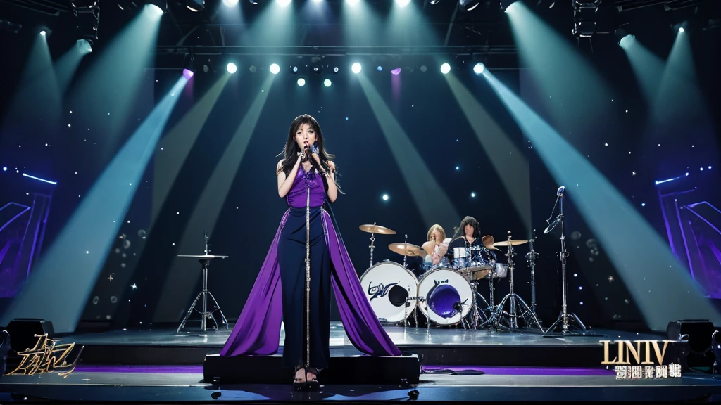 Thumbnail of ballad-focused karaoke distribution。In a calm atmosphere、The background is a simple stage or studio-like design with dim lighting.。In the center there is a microphone stand.、The microphone is illuminated in a dim light.。The surroundings have soft and hazy light effects.。With elegant font「Ballad Karaoke Live」It is modestly written。The colour is deep blue or purple、Silver, etc.、Keep the tone chic and calm。