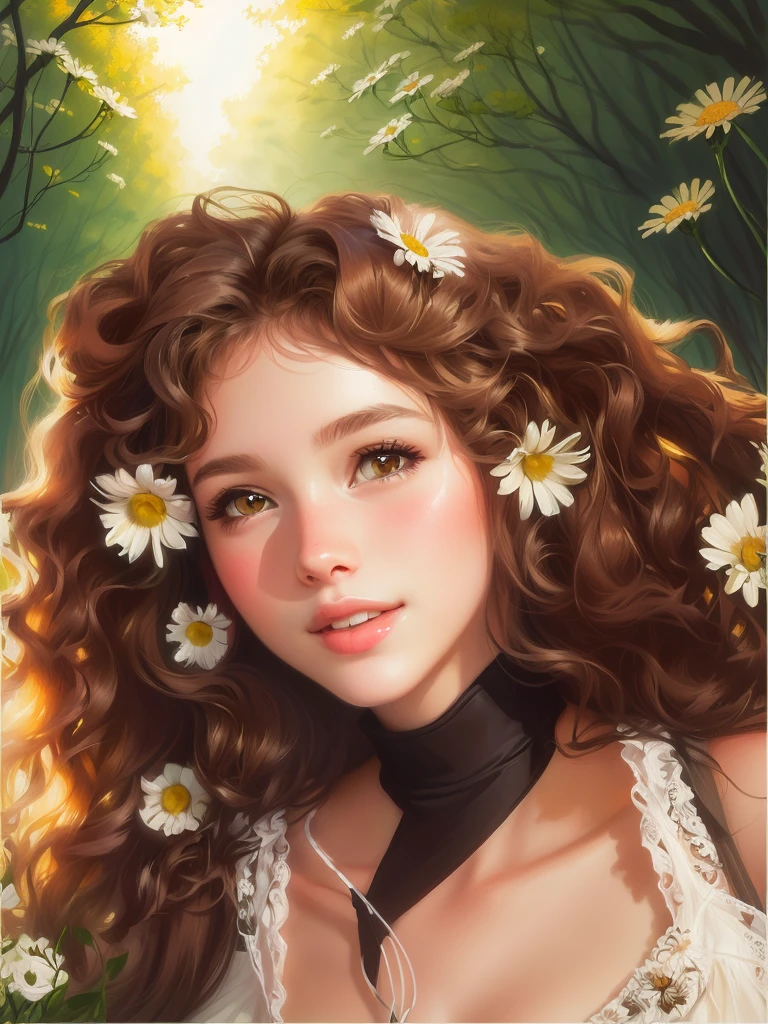A girl licks in a clearing with daisies,against a background of daisies ,digital painting