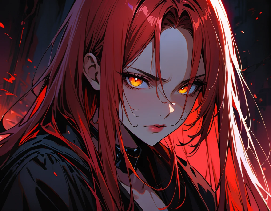 Long red hair, yellow eyes, evil, sexy, black and red clothes, cute hairstyle, evil face, evil, serious look, black face mask, gloss lips, sinister, front look, bloody, gloves, close up, portrait, beautiful eyes, short dress, big white, dark place, night, sensual, straight hair cut, clear skin, evil, young 30 years girl, adult girl, solo, red, very long hair, ankle length hair, handsome older WOMAN,crimson-eyes,crimson pupils,Long red hair,Hyperresolution,accuracy,Detailed rendering,(Subtle facial image)(Image of fine hair)(topquality)(Masterpieces of masters)(High degree of completeness)(A sense of atmosphere)tmasterpiece,Super detailed and super detailed(half-body portrait)