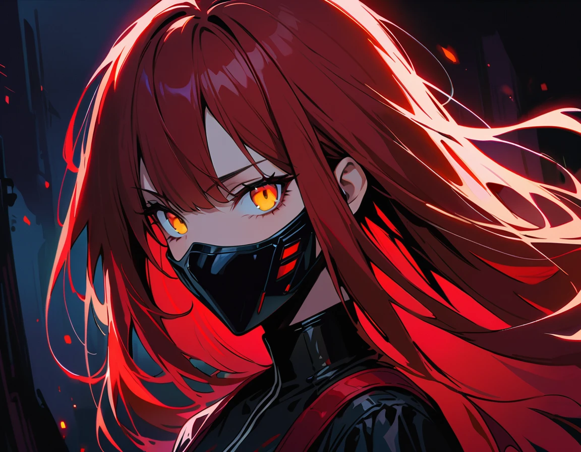 Long red hair, yellow eyes, evil, sexy, black and red clothes, cute hairstyle, evil face, evil, serious look, black face mask, gloss lips, sinister, front look, bloody, gloves, close up, portrait, beautiful eyes, short dress, big white, dark place, night, sensual, straight hair cut, clear skin, evil, young 30 years girl, adult girl, solo, red, very long hair, ankle length hair, handsome older WOMAN，crimson-eyes，crimson pupils，Long red hair，Hyperresolution，accuracy，Detailed rendering，（Subtle facial image）（Image of fine hair）（topquality）（Masterpieces of masters）（High degree of completeness）（A sense of atmosphere）tmasterpiece，Super detailed and super detailed（half-body portrait)