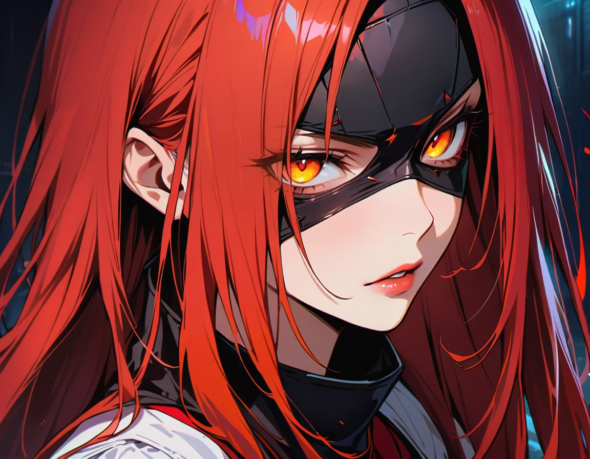 Long red hair, yellow eyes, evil, sexy, black and red clothes, cute hairstyle, evil face, evil, serious look, black face mask, gloss lips, sinister, front look, bloody, gloves, close up, portrait, beautiful eyes, short dress, big white, dark place, night, sensual, straight hair cut, clear skin, evil, young 30 years girl, adult girl, solo, red, very long hair, ankle length hair, handsome older WOMAN,crimson-eyes,crimson pupils,Long red hair,Hyperresolution,accuracy,Detailed rendering,(Subtle facial image)(Image of fine hair)(topquality)(Masterpieces of masters)(High degree of completeness)(A sense of atmosphere)tmasterpiece,Super detailed and super detailed(half-body portrait)