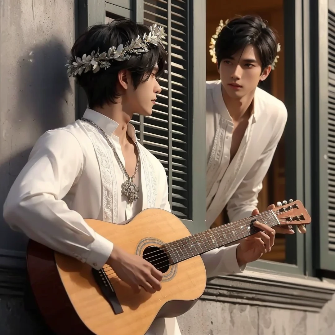 Handsome boys, black hair, brown eyes, wearing white barong tagalog, wearing silver laurel wreath on his head, holding a guitar