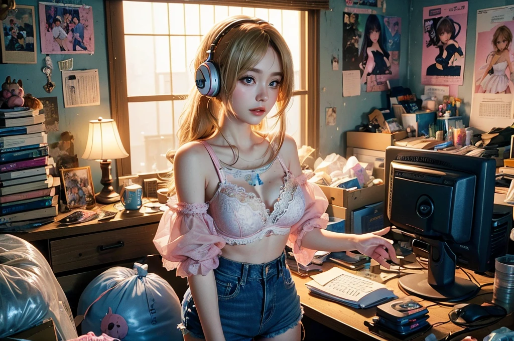 blue eyes, Blonde hair, nake, 4K resolution, High quality CG, Beautiful CG, Soft Light,woman in pink lace bra and denim shorts standing in front of a desk with a computer and a monitor, long legs, lofi girl, belle delphine, with headphones, lace bra and shorts , There are post-it notes on the wall, the room is very messy, there are many dolls, there are books on the computer table,e - girl, e-girl, pink girl, instagram model, with head phones, cutecore, casual pose, sexy pose, gamer aesthetic, sexy girl