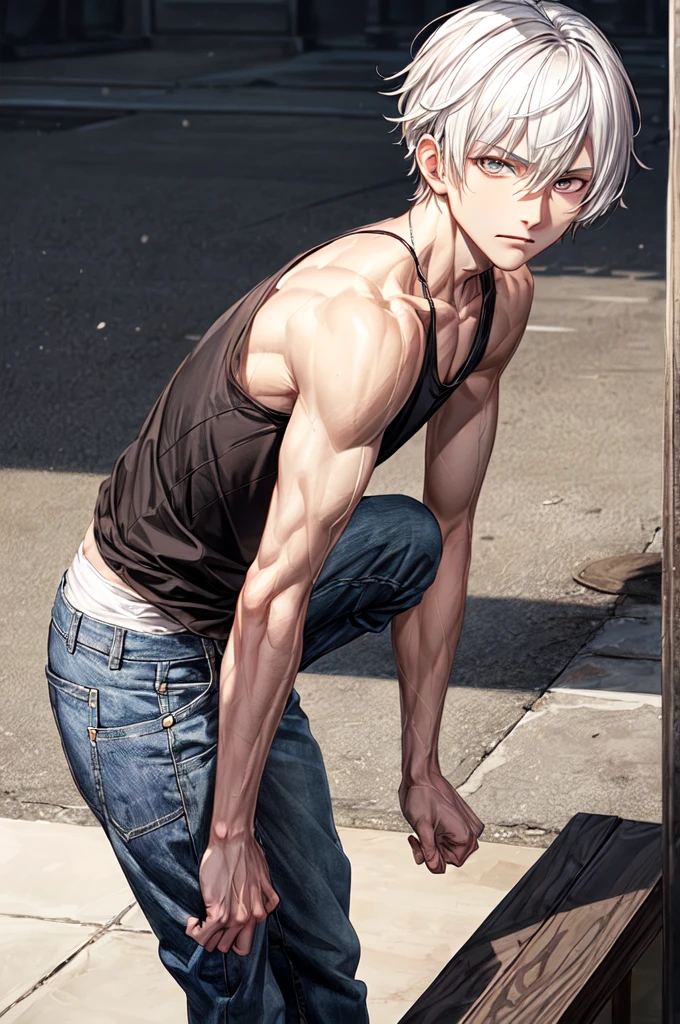 In a world of raw and uncensored reality, a young femboy named Elias, with a slender and bare body, is seen in a pool of his own blood. His eyes wide with terror, he clutches at his waist, where his penis has been brutally amputated. The once vibrant and masculine body, now disfigured, reflects the harsh realities of a cruel and unforgiving world. The scene is set against a dimly lit background, casting long and ominous shadows that add to the sense of unease and danger. The air is heavy with the scent of iron and the silence is broken only by Elias' labored breathing. The scene is both horrifying