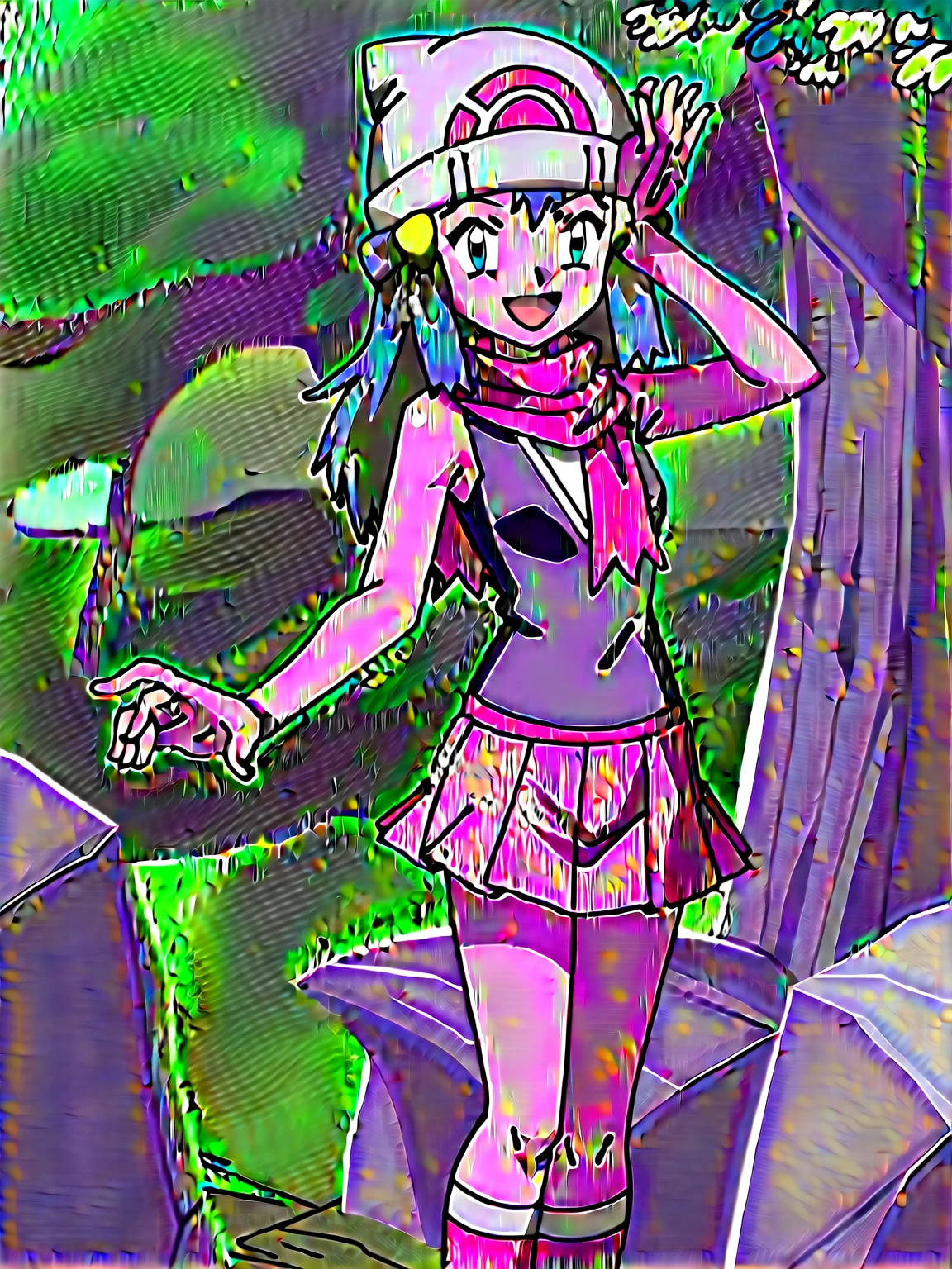 score_9, score_8_up, score_7_up, source anime, anime, animification, anime screencap, anime coloring, vivid colors, shiny skin, skindentation, deep skin, depth of field, high quality, highres, (dynamic angle,dynamic pose), dawncheerxl, 1girl, solo, long hair, looking at viewer, smile, open mouth, blue eyes,beanie, black sleeveless shirt, pink scarf, pink skirt, pink boots,outdoors, hair ornament, sky, holding, blue hair, :d, sidelocks, tongue, socks, hairclip, eyelashes , dawn \(pokemon\) BREAK masterpiece,high quality