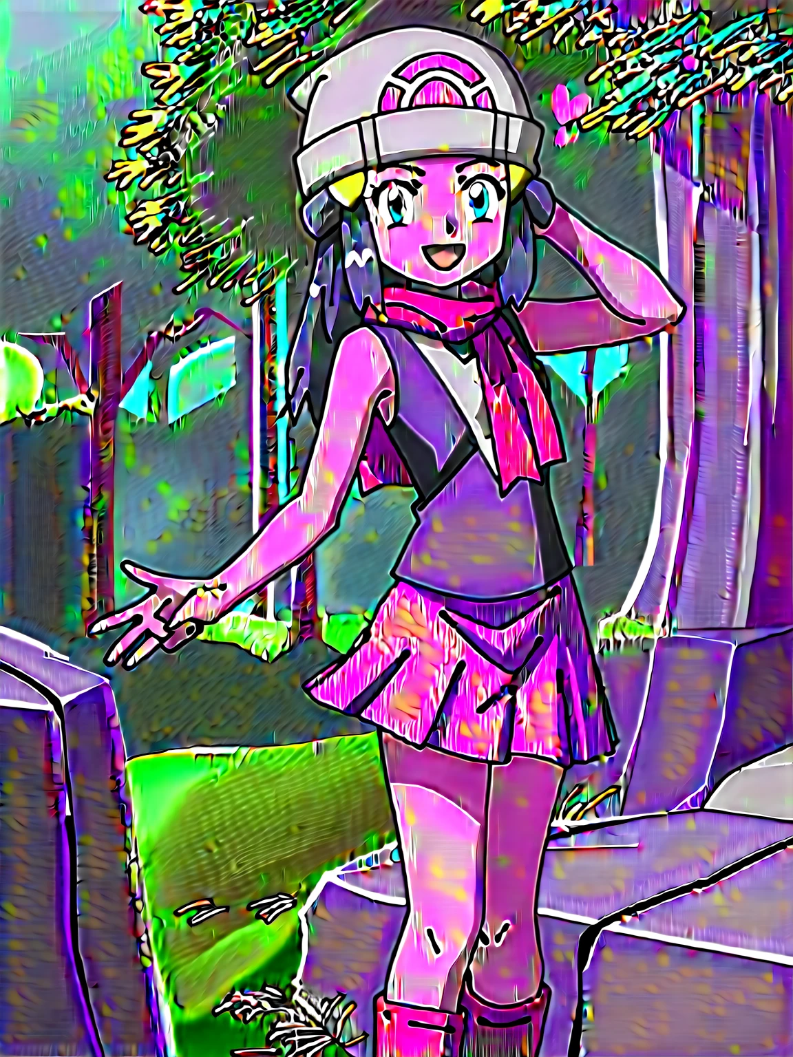 score_9, score_8_up, score_7_up, source anime, anime, animification, anime screencap, anime coloring, vivid colors, shiny skin, skindentation, deep skin, depth of field, high quality, highres, (dynamic angle,dynamic pose), dawncheerxl, 1girl, solo, long hair, looking at viewer, smile, open mouth, blue eyes,beanie, black sleeveless shirt, pink scarf, pink skirt, pink boots,outdoors, hair ornament, sky, holding, blue hair, :d, sidelocks, tongue, socks, hairclip, eyelashes , dawn \(pokemon\) BREAK masterpiece,high quality
