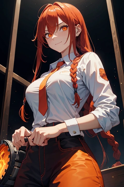 Hands \(man with chainsaw\), Best quality, ultra detailed, 1 girl, One, standing, Red hair, long braided hair, golden eyes, bang, Medium breasts, The white shirt is unbuttoned, tie, stare, smile, (evil:1.2), Looking at the viewer, (interview:1.3), (dark background), from below, sharp contrast , gorgeous detailed eyes, Focus , close-up , glowing orange eyes,Foreground
