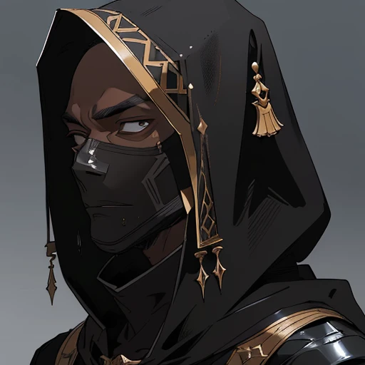 (masterpiece), (best quality),(portrait),(bust up),1boy,solo,(sharp focus),((hood)),cover_face,(black skin),adult,(assasin),(ancient:1),ancient luxurious long clothes,old school fantasy art,((simple background)),super shiny face,Ultra Glossy Skin,(mask like a scull),masked,mask