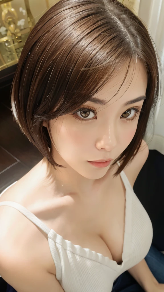 masterpiece、Highest quality、High resolution、Tabletop、wallpaper、Realistic、Bright lighting、Professional Lighting、Face Light、Smooth lighting、Japanese women、Adult、Beautiful woman、action、gravure、sexy、poor、so beautiful、Beautiful Skin、Beautiful and detailed、Detailed face、slim、moderately、short hair、Brunette colored hair、Brown eyes、Looking at the camera、I have a sax