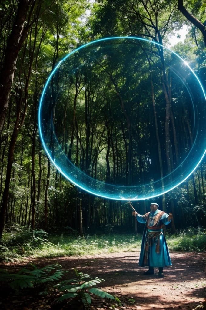 A shaman in the Woods of México summoning a massive circular cyan portal. Where the other side is the city of Paris.