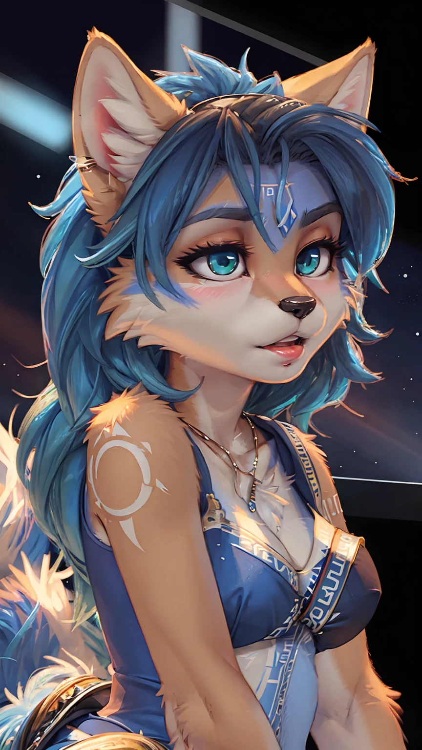 A beautiful and detailed (sweet portrait) wa ((Krystal)), Star Fox Krystal, sslim, lovable, green eyes, medium breasts, (((Long blue hair 1.3))), Decollete, anthro, furry, Uploaded E621, detailed fluffy fur, (wa Fluff-Kevlar, Bayard Wu, personalize me, Pino Daeni), detailed face, (fluffy), 1 girl, alone, sweet girl, 
