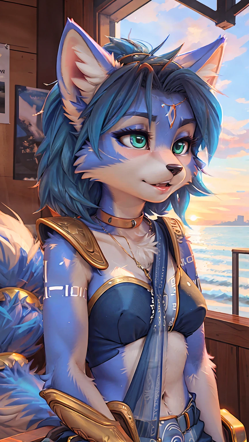 A beautiful and detailed (sweet portrait) wa ((Krystal)), Star Fox Krystal, sslim, lovable, green eyes, medium breasts, (((Long blue hair 1.3))), Decollete, anthro, furry, Uploaded E621, detailed fluffy fur, (wa Fluff-Kevlar, Bayard Wu, personalize me, Pino Daeni), detailed face, (fluffy), 1 girl, alone, sweet girl, 
