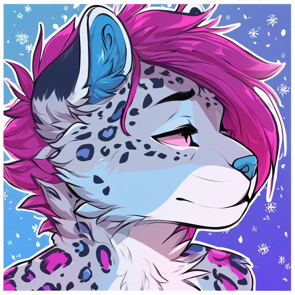 adult, feline, mammal, anthro, anthropomorphic, snow_leopard, striped, fur, striped_feline, fur, furred_anthro, femboy, male, light_pink, magenta_hair, fluffy, long_tail, blue_nose, expressive eyes, feline_ears, magenta_hair, blue_fur, light_blue_chest, shy, small_pupils, spotted_pattern, stripes, digital_art, high_resolution, high_res, hand-drawn, pencil_lines, head_visible, background, neck_visible, seductive_face, blue_galaxy_background, white_outline, detailed_line_work, profile_picture, head_visible
