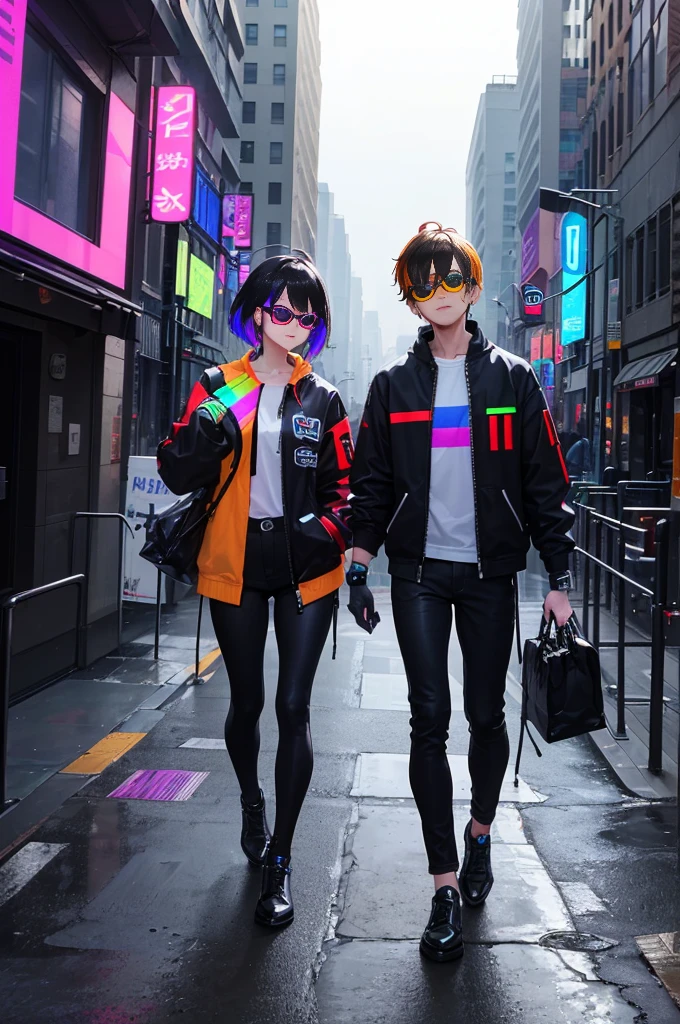 Billy retains his modern, cyberpunk aesthetic with a sleek, urban look, blending high-tech and streetwear fashion.
Hair: His hair is styled in a contemporary, edgy manner, often with vibrant colors or highlights that complement his overall appearance. Perhaps he occasionally changes his hair color to express his personality and pride, including subtle rainbow streaks or other LGBTQ+ symbols.
Outfit:
Jacket: A high-tech jacket with sleek design, featuring neon accents and digital patterns. It’s fitted and functional, with occasional pride-themed patches or pins.
Shirt: A bold-colored shirt underneath the jacket, possibly featuring subtle patterns or symbols representing LGBTQ+ pride.
Pants: Modern and fitted, designed for mobility and style. They might include small pride elements like rainbow stitching.
Footwear: Futuristic shoes with a sleek design and high-tech enhancements, ensuring both comfort and a cutting-edge look. They might have small, colorful accents.
Accessories:
Glasses/Goggles: Stylish glasses or high-tech goggles that add to his cyberpunk aesthetic.
Tech Gear: Equipped with various pieces of tech gear, such as a wrist device or gloves with digital interfaces, emphasizing his role in a high-tech world. Some tech gear might display pride colors or symbols.
Pride Accessories: Small pride flags, bracelets, or pins on his jacket or tech gear.