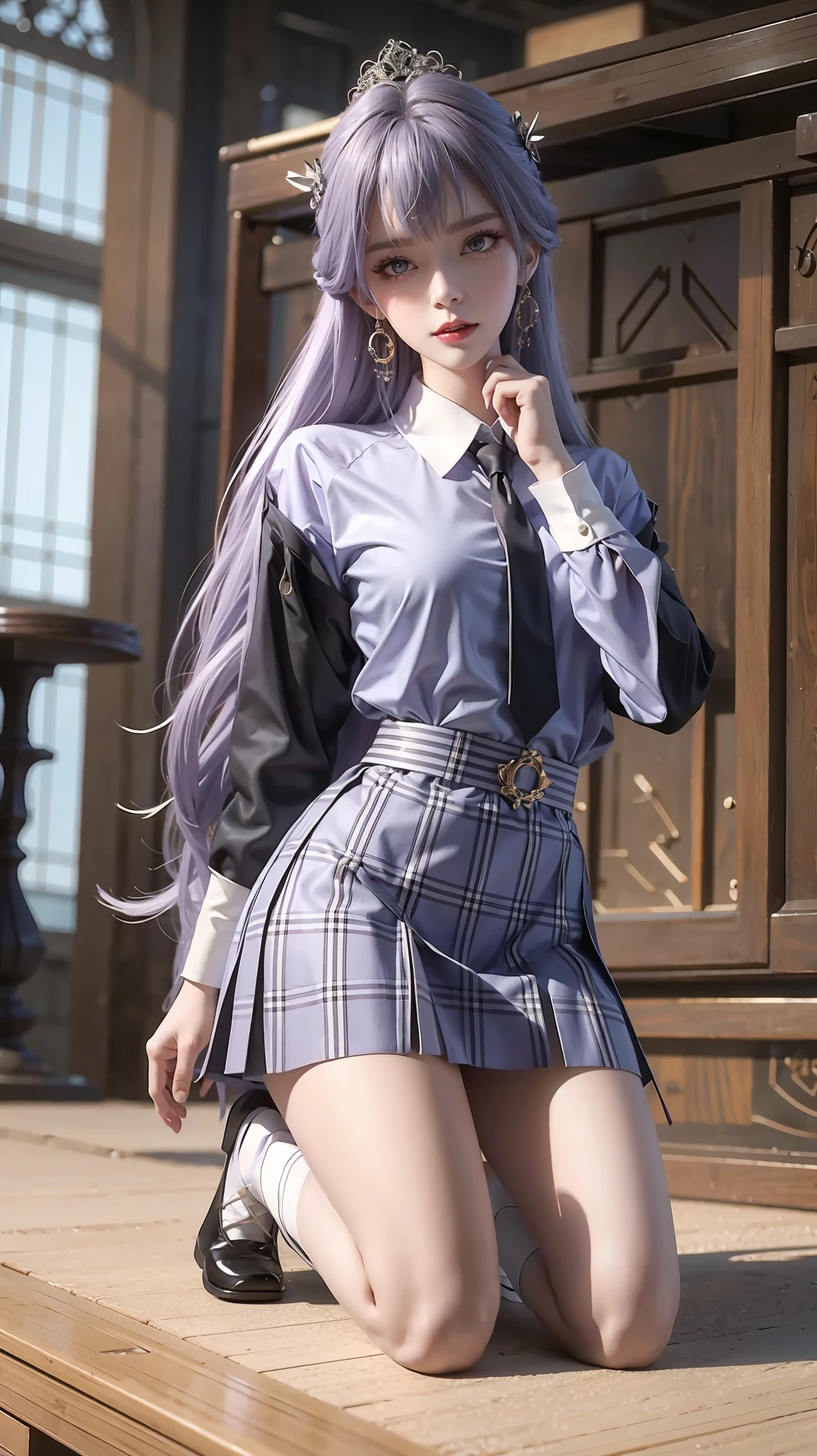 Best quality，masterpiece，The Ultimate Solution，Fluffy，Colorful，Mature beautiful woman，（JK school uniform），Neck tie，Plaid skirt，（Beauty Head），Normal posture，Red lips，（Kneeling），shackles，Beheading，collar，Handcuffs，Anklets，（White Socks Jane Shoes，Normal posture，（Light purple long hair），Gray Eyes，Cover your chest with your hands