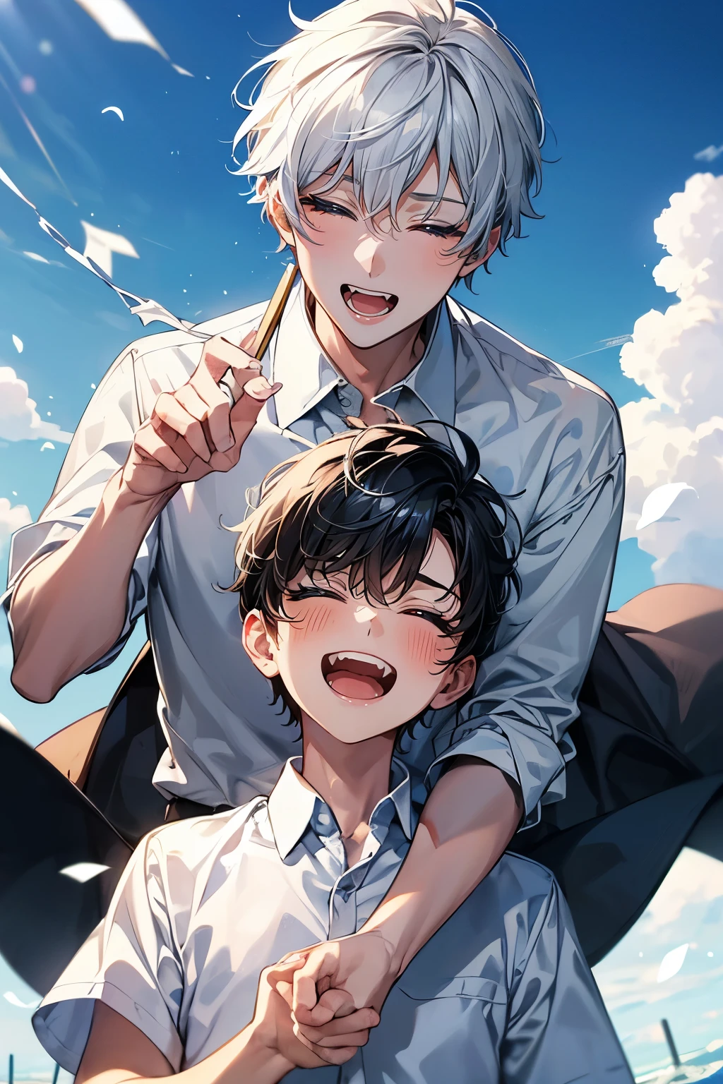 (Mastepiece), (Best Quality), Very detailed, (Two friendly boys:1.5)，Shooting from below、Solo Shooting，Perfect Face, Beautiful Face, Very detailed顔，(1 boy with black hair:1.3)，(One boy with white hair:1.3)、(short hair:1.3)、(Happy Face:1.4)，(Laughing with your mouth open:1.3)，(White shirt:1.4)、(Hair blowing in the wind:1.4)，The atmosphere that seems to disappear，(blue sky_cumulonimbus)、summer、ephemeral、Sweat