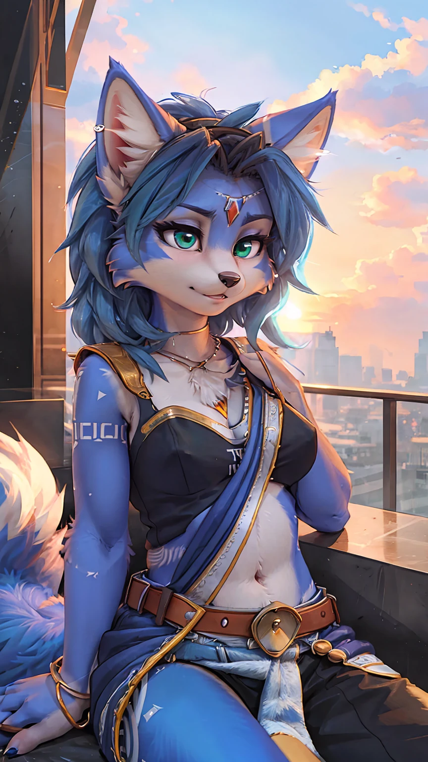 A beautiful and detailed (sweet portrait) wa ((Krystal)), Star Fox Krystal, sslim, lovable, green eyes, medium breasts, (((Long blue hair 1.3))), Decollete, anthro, furry, Uploaded E621, detailed fluffy fur, (wa Fluff-Kevlar, Bayard Wu, personalize me, Pino Daeni), detailed face, (fluffy), 1 girl, alone, sweet girl, 
