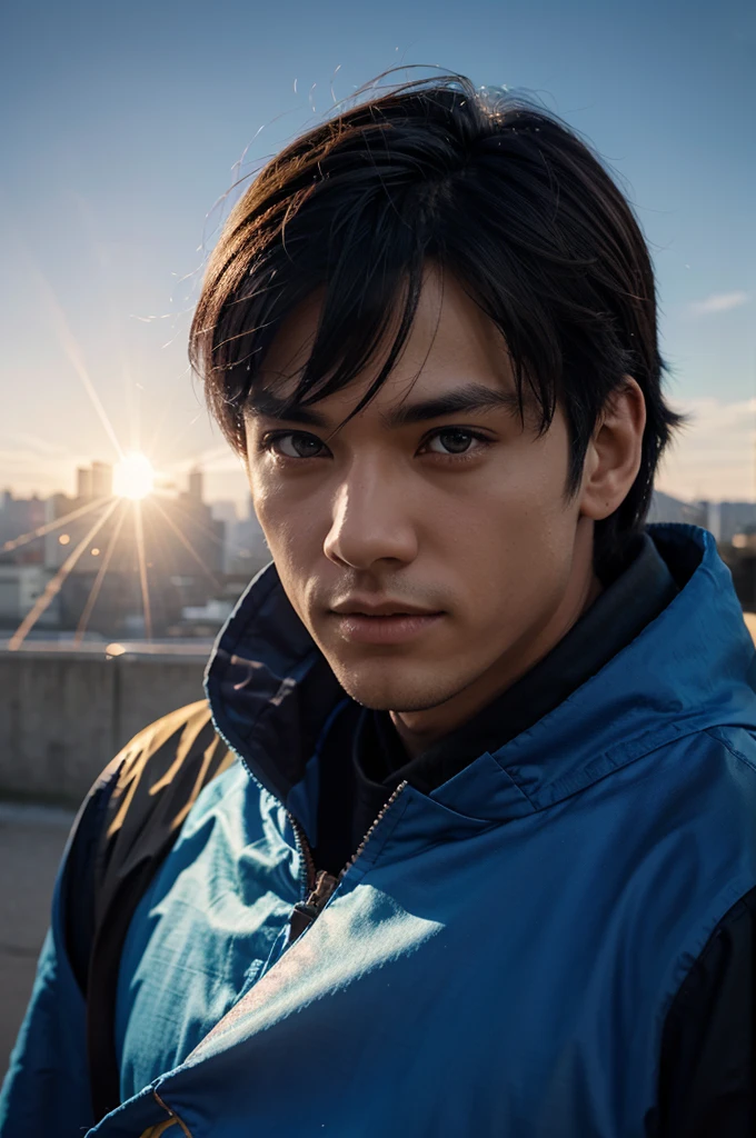 A close up of A man high angle perspective, 8K, Wind, a Boys Black with Blue Japanese Hairstyles For Men, Yellow Eyes, a fight Handle Sword with Lens Flare light Blue flames, cool, High, a anime Highest style, by powerful White with T-shirts with Color cape, with Blue, in a in cool Realistis, a city background bright the setting sun, 4K, digital anime style, Animation3D, Lens flare, Sunset, Ultra HD, Best quality,