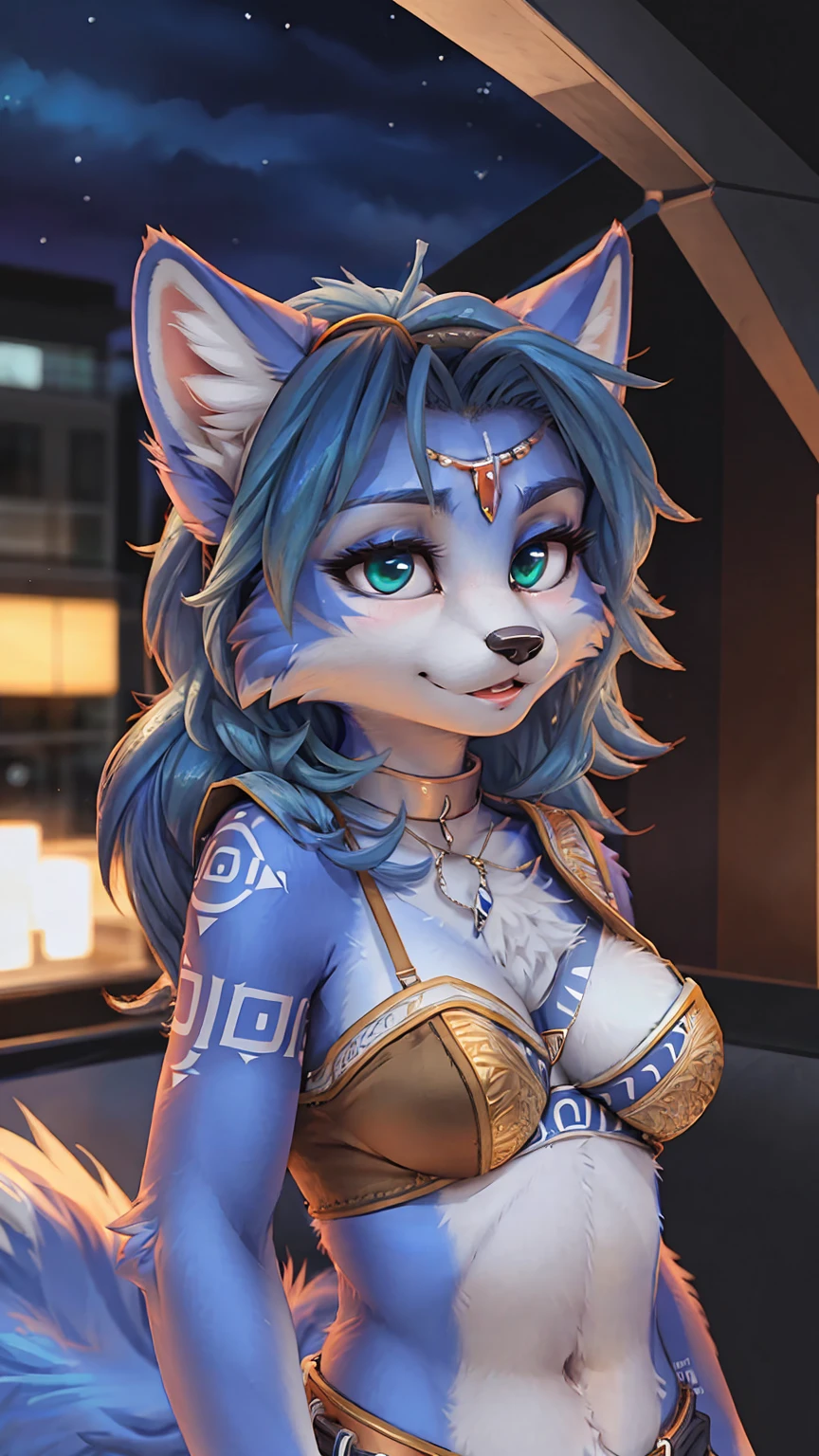 A beautiful and detailed (sweet portrait) wa ((Krystal)), Star Fox Krystal, sslim, lovable, green eyes, medium breasts, (((Long blue hair 1.3))), Decollete, anthro, furry, Uploaded E621, detailed fluffy fur, (wa Fluff-Kevlar, Bayard Wu, personalize me, Pino Daeni), detailed face, (fluffy), 1 girl, alone, sweet girl, 
