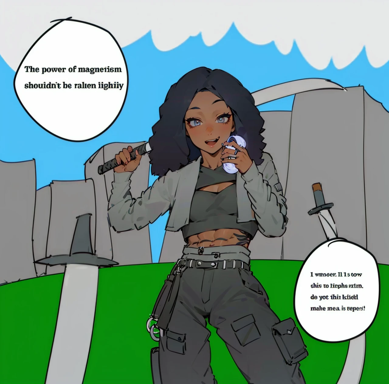 1girl, blueish black coily hair, dark skin, silver eyes, abs, wearing black crop top, a grey crop jacket, 2 silver belts, black cargo pants, a silver ring on her finger, tatoos on her waist, silver boots, holding a scythe in one hand and a kitana in the other, many swords in the background, absurdres, high res, ultra sharp, 8k, masterpiece, looking at viewer