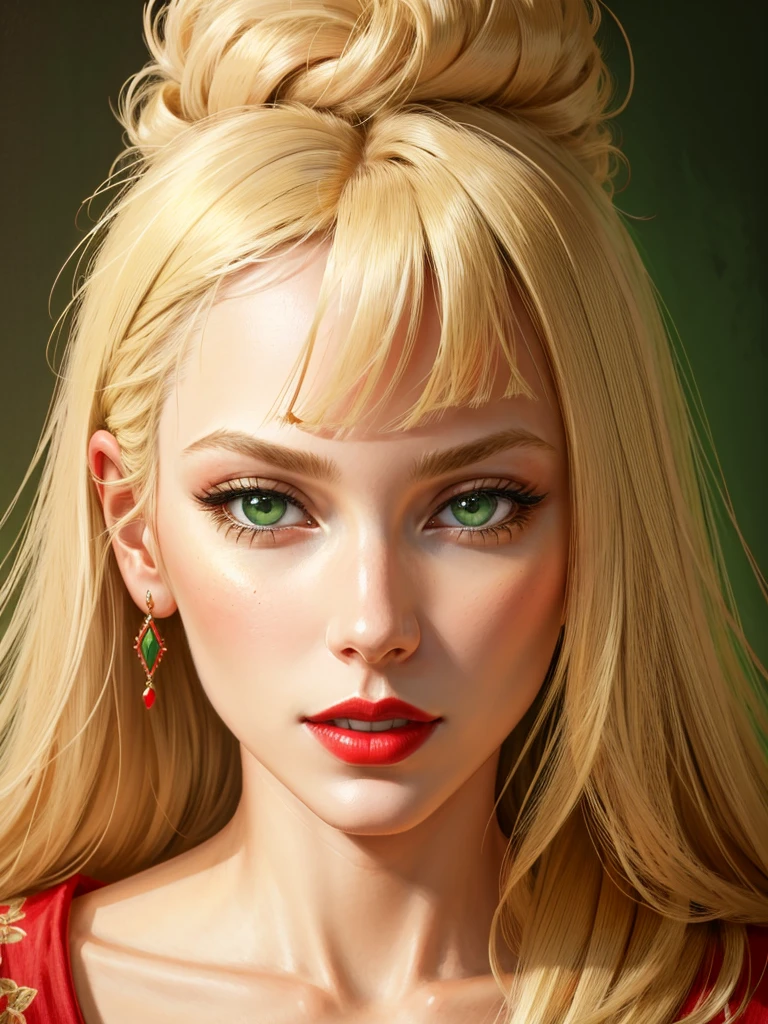 ((Portrait of a beautiful woman)), (blond hair, red lipstick, green eyes), masterpiece, photorealistic, (highly detailed), (best quality), (ultra high resolution), ((detailed eyes, detailed face))