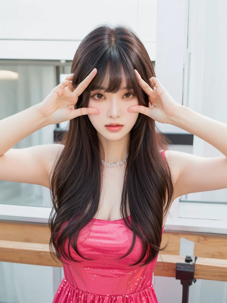 A long-haired woman in her fifties frowning with her hands, curtain bangs, San Yun-ju, long hair with bangs, with bangs, long hair with full bangs, Black Pink's Joshi, long bangs, neat hair with bangs, Park Jimin, Black Pink's Jisoo, BLACKPINK's Jisoo, bangs and wavy hair, bangs, Lalisa Manoban of Blackpink