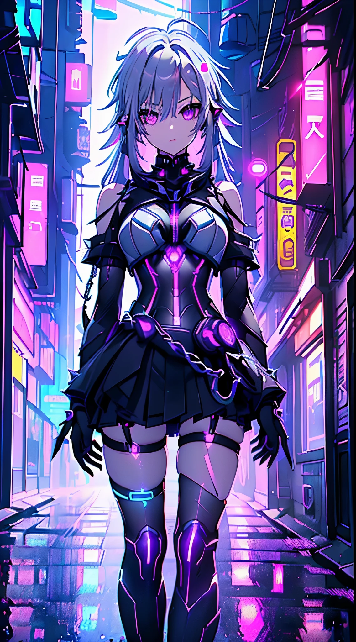 top-quality、Top image quality、​masterpiece、Android Girl((sixteen years old 、Broken, skinny , cybersuit glowing black, red and white、neon  energy source for the chest 、Light blue shiny hair、Long hair , spiky hair, messy hair, long fringe on hair, holding a chain whip, chains around her body, giant chains, Cyber Skirt、purple neon eyes 、Valley、Happiness、A slender)）hiquality、Beautiful Art、Background streets (cyberpunk city、masutepiece、Elaborate design、visualart、Theatrical films, glowing neon eyes, cyberpunk, futuristic, white silver hair, no pupils on eyes