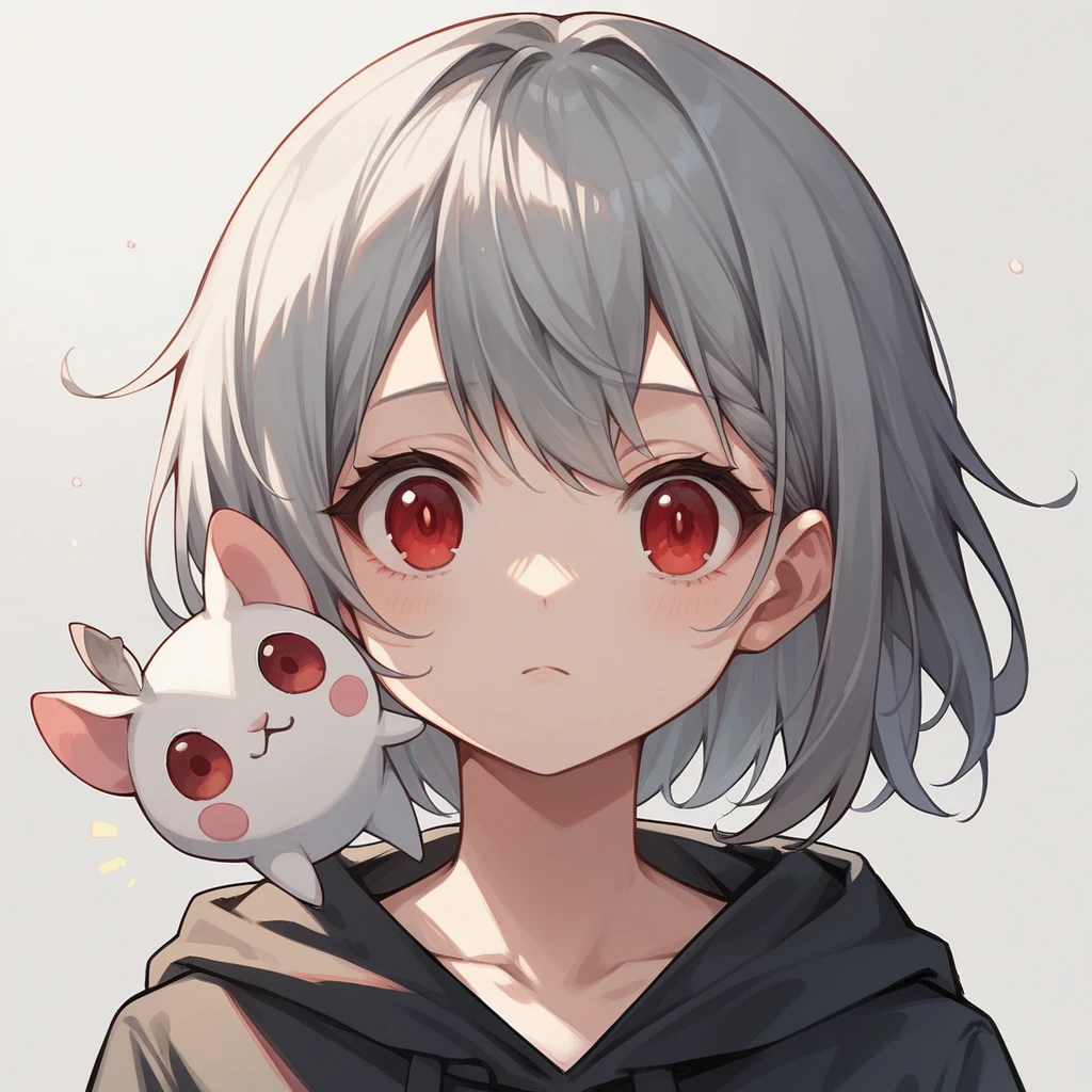 One girl, Close-up shot, (Gray Hair, Medium Hair, Red eyes), anime, universe, hoodie, animal, cute, 