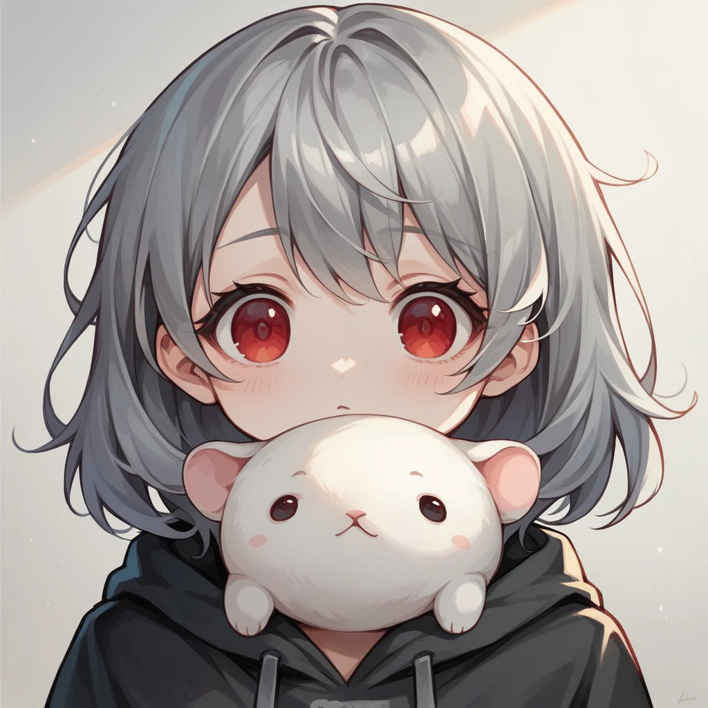One girl, Close-up shot, (Gray Hair, Medium Hair, Red eyes), anime, universe, hoodie, animal, cute,