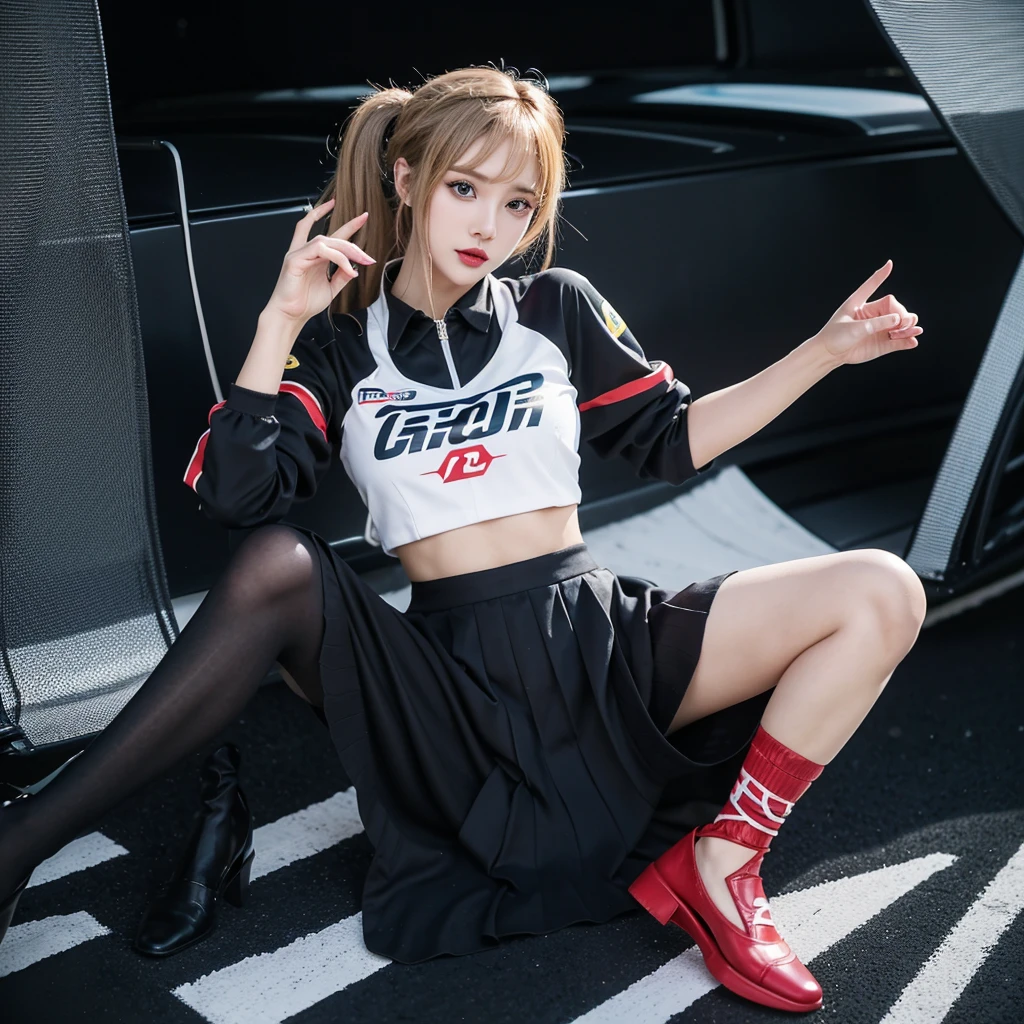 Super detailed photos、Detailed face、Lip gloss、Cool woman、Colorful costumes、F1 Driver Cosplay、Colorful costumes、Clothing with company logo、Grid Girlsのカラフルで派手な衣装、Grid Girls、Perfect Face、Paddock Girls、Harem、motor Show、tights、Bodycon Costumes、Grid Girls、Russia、Grid Girlsのコスプレ、belly button、Pleated skirt、Bodycon Costumes、Legs open pose、Spread your legs to show your crotch