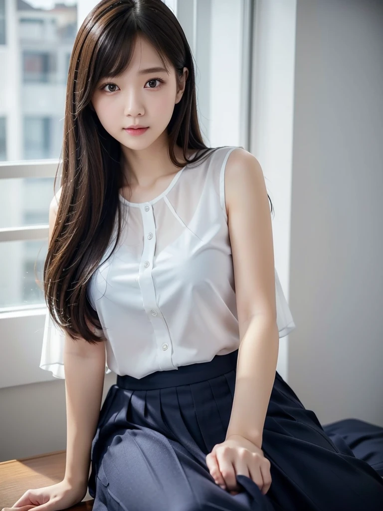 White Office、Navy blue mid-length skirt 、Sheer blouse、(Highest quality)、((Very detailed))、4K、(8K)、masterpiece、Very detailedな、Highest quality、Super Resolution、1 person、Kind Face、Soft Light、RAW quality、Soft Skin、163cm、30 years old、knees