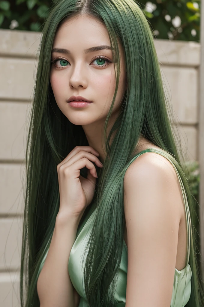 A girl, Europe, 30 years old, Oval face, long straight hair , green hair, green eyes, gentle and gentle, charming , plump face, silk dress, feeling sad, frontal direction 