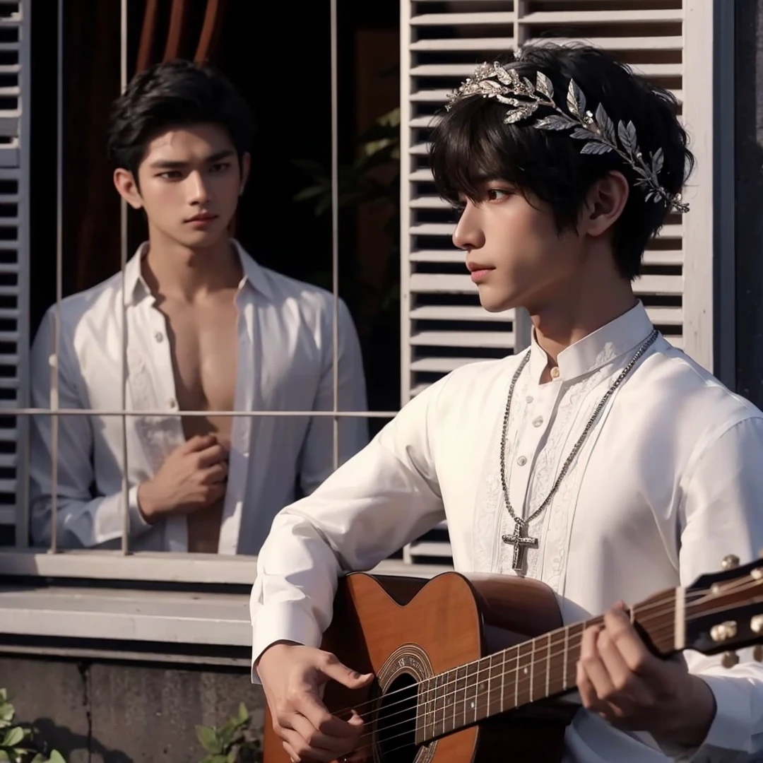Handsome boys, black hair, brown eyes, wearing white barong tagalog, wearing silver laurel wreath on his head, holding a guitar