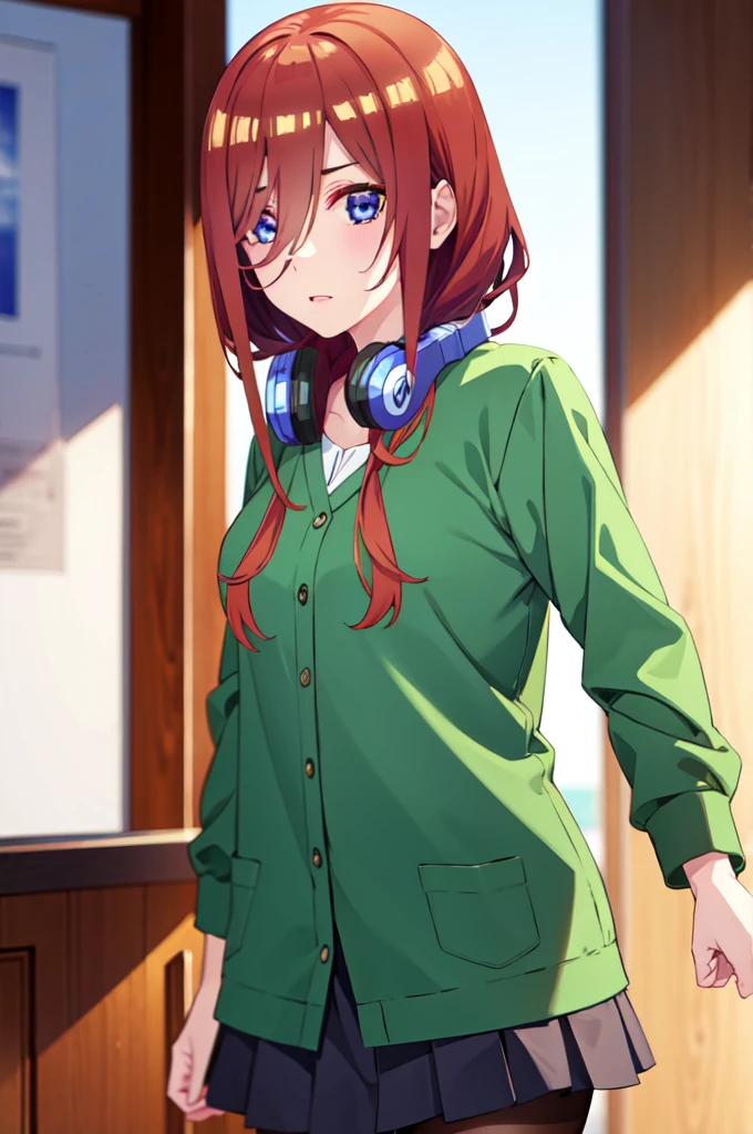 mikunakano, miku nakano, long hair, bangs, blue eyes, brown hair, shirt, hair between eyes, headphones, cardigan, headphones around neck, BREAK skirt, shirt, long sleeves, white shirt, pantyhose, pleated skirt, black pantyhose, green skirt, BREAK indoors, classroom,school, BREAK looking at viewer, BREAK (masterpiece:1.2), best quality, high resolution, unity 8k wallpaper, (illustration:0.8), (beautiful detailed eyes:1.6), extremely detailed face, perfect lighting, extremely detailed CG, (perfect hands, perfect anatomy),
