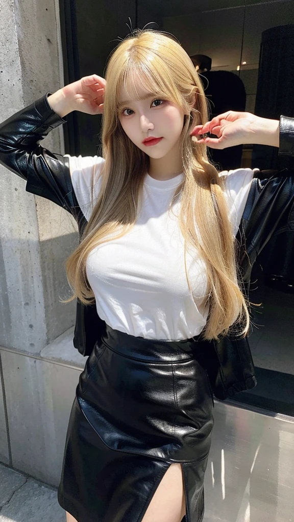 Beautiful body, Beautiful face, big breasts, long hair blonde, leather skirt, long t-shirt