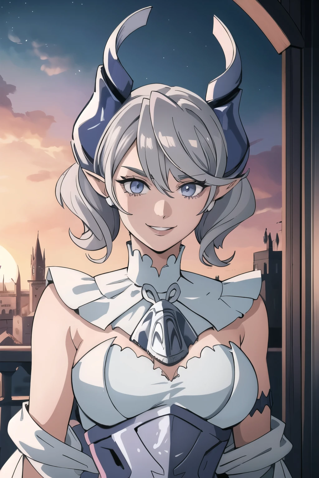 Beautiful arts wallpaper Sunset Outside castle top  High level image quality　best image quality　8K　 adult woman   silver castle outside  more colors   whole body view　portrait　    　horn    ears  　short hair（（shortcut）（gray hair）（perm）（fluffy））　eye color is blue ,  , 　attractive evil face , smile   ,  heroic stance   ,  labrynth ,  barearm  ,gloves   , wearing pink   , standing , 